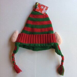 New Christmas Hat Elf Ears Jingle Bell Sweater Knit Red Green Stripe Holiday